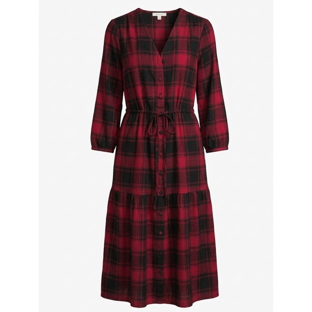 Knox Rose Medium Red Black Plaid Long Sleeve Tiered Shirt Dress Flannel Cozycore